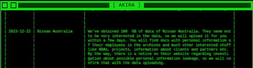 Akira website screenshot of Nissan breach